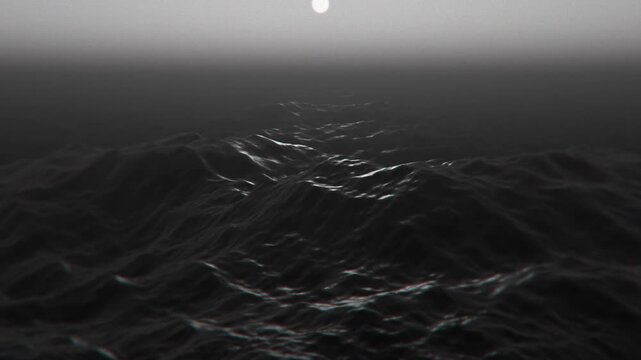 3D render animation of calm waves in the open ocean with the moon in the background reflecting in the water. Black tide in dark night sea. Point of view from a ship or boat in the middle of the ocean.