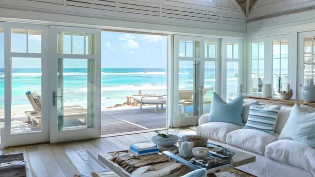 Beach house living room with coastal decor, a sofa, and ocean views
