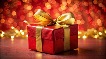 Obraz premium Red Gift Box with Gold Ribbon and Festive Lights, gift , christmas , holiday , present