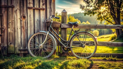 Rustic Vintage Bicycle Leaning Against a Wooden Fence at Sunset, bicycle , vintage , nature , sunset