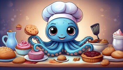 Illustration of cute blue octopus in a chef's hat, making and decorating various treats.