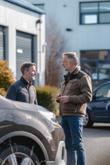 Naklejka premium Driving Instructor and Adult Learner Discussing Techniques Near Driving School Building