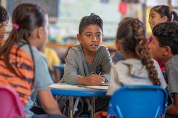 Obraz premium Diverse Students Engaged in Group Discussion During Classroom Activity - Educational and Interactive Learning Scene