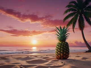 Ripe, yellow pineapple with green leaves sits isolated on white sandy beach, offering sweet, tropical freshness