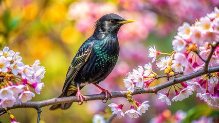 Starling Perched on a Cherry Blossom Branch, Wildlife Photography, Bird on Branch, Spring Bloom, Bird Watching