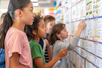 Diverse Group of Students Collaborating on History Timeline Project in Classroom Setting