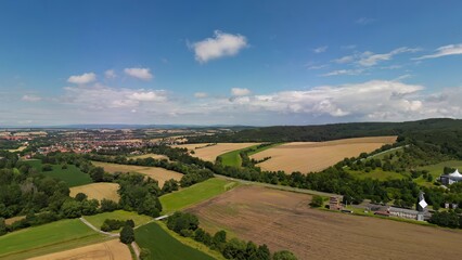 Obraz premium An aerial view of the former border between East and West Germany in Eichsfeld district, Thuringia, Germany