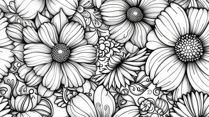 A black and white drawing of flowers with a lot of petals generative ai