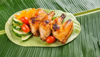 Freshly cooked grilled chicken with vegetables ready to serve on table, banana leaf
