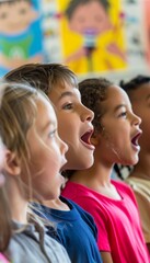 Obraz premium Joyful Children Singing in a Colorful Music Classroom - Perfect for Educational Posters and School Programs