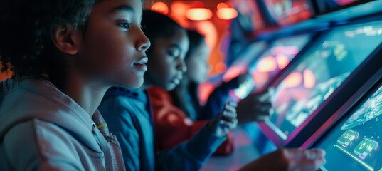 Fototapeta premium Children Engaged with Interactive Screens at a Science Museum Exhibit for Educational Learning