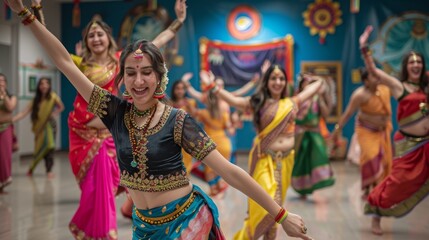 Naklejka premium Vibrant Traditional Indian Dance Class in Colorful Attire at Cultural Dance School
