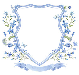 Blue Wildflowers Watercolor Flowers Wedding Crest template PNG. Wedding Design

