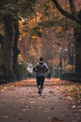 Fototapeta premium Solitary Autumn Jogger in Scenic Park - Emphasizing Fitness and Serenity with Self-Defense Awareness