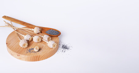 Poppy seeds with inflorescences on a light hairdryer, space for your text or advertising
