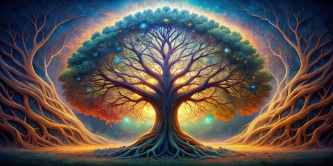 The Enchanted Tree of Light, digital art, glowing tree with roots, fantasy nature, magical forest , tree , nature