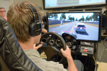 Instructor Demonstrating Driving Simulator Benefits to Curious Students for Virtual Driving Practice