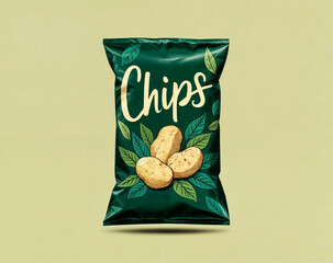3d render illustration of a bag of green chips with a green leaf design and has label word text "CHIPS"