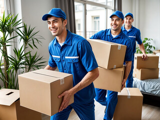 Three smiling courier workers men in matching uniforms are moving boxes into a house