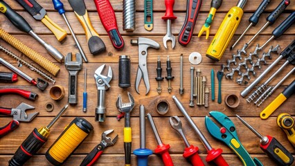 Tools on Wooden Background, Top View, Composition of Hand Tools, Variety of Tools, DIY Project , tools, diy