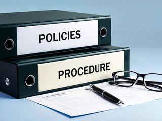 3d render illustration of two binders files with labels "Policies" and "Procedure". There is glasses and pen on the the paper.
