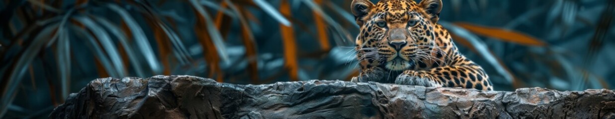 Fototapeta premium Wild Leopard Portrait on Rocks: An AI-Generated Image Capturing the Majesty of Big Cat Wildlife Photography.