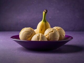 Banana ice cream balls in nice plate on purple background: a stylishly minimalist dessert arrangement.