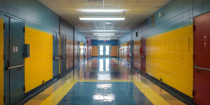 Imagen de un pasillo de una escuela mal iluminado 