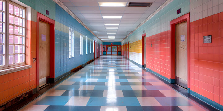Imagen horizontal de un pasillo de colores estilo escolar