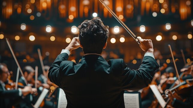 The Conductor's Back, A Composition of Warm Lights, Focused on Orchestral Motion, Symphony, Conductor, Orchestra, Music
