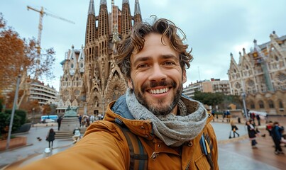 A smiling man enjoys taking a selfie outside La Sagrada Familia in Barcelona, Spain, capturing the essence of tourism and vacation on the city street.