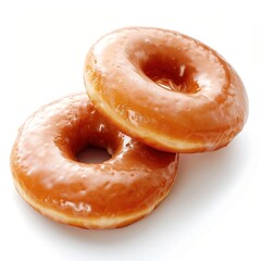 Two freshly baked glazed donuts beautifully captured on a white background