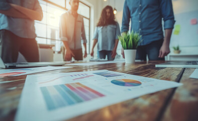 Business team analyzing financial charts in sunlit office