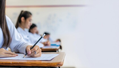Students looking at exams, students writing by hand