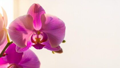 Purple orchid flower phalaenopsis, phalaenopsis or falah on a white background. Purple phalaenopsis flowers on the right. known as butterfly orchids. Selective focus. There is a place for your text.