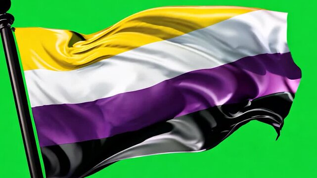 Waving non binary flag on green screen with flagpole