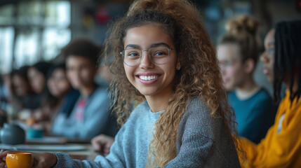 A telephoto angle photo of first-year students in a creative workshop, such as painting or pottery, working on their projects and discussing ideas, with copy space