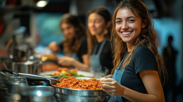 A telephoto angle photo of first-year students in a dorm kitchen, cooking a meal together and sharing stories, with copy space