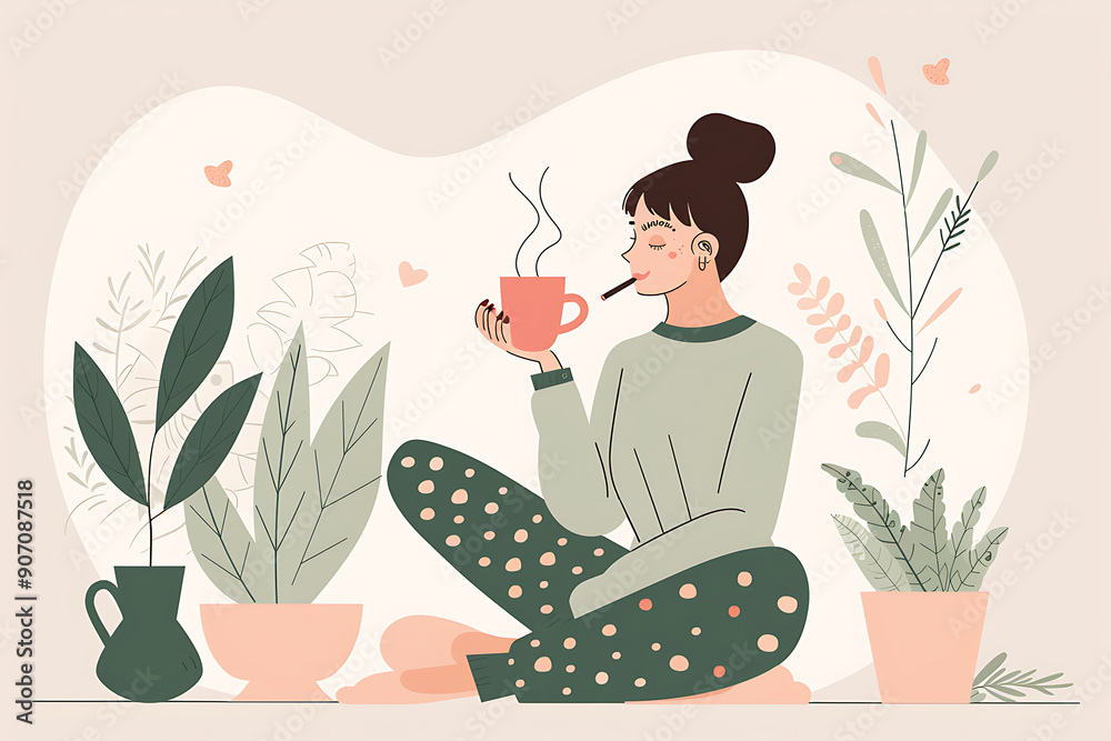 Wall mural hand drawn woman character sitting and drinking coffee in flat style isolated on background