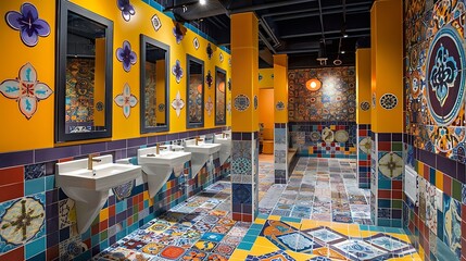 Fototapeta premium Washroom with unique tile designs and bold colors