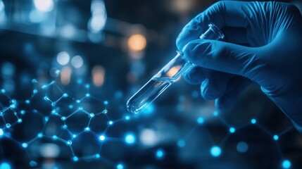 A hand in a glove holds a test tube, symbolizing scientific research and innovation, with molecular structures in blue light creating a futuristic atmosphere