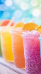 Colorful slush drinks in a row displaying vibrant and refreshing hues. Close-up of colorful slush drinks perfect for cooling down.