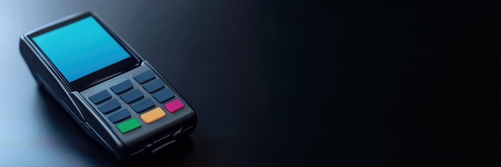 A modern payment terminal with a touch screen and buttons, resting on a dark surface, showcasing its sleek design and functionality for transactions