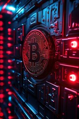 A close-up view of a Bitcoin symbol overlaid on a circuit-like background with vibrant red and blue lighting, representing cryptocurrency technology