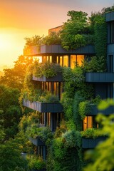 A modern building adorned with lush greenery, reflecting the warm hues of sunset, showcasing an eco-friendly and aesthetic design