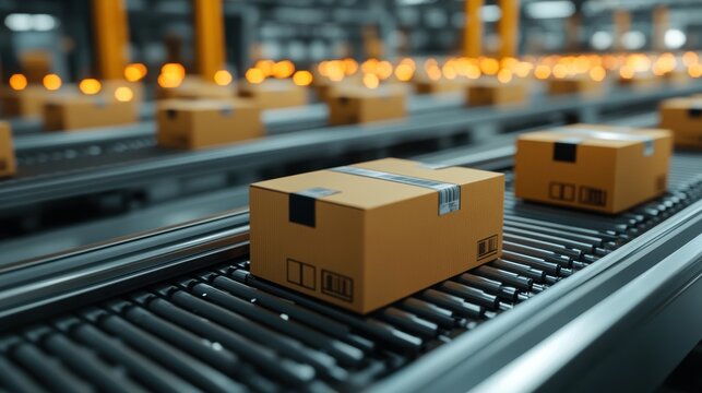 A conveyor belt transports brown cardboard boxes in a warehouse setting, illuminated by soft lighting, showcasing logistics and package handling