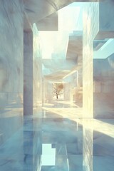 A serene, abstract space featuring translucent walls and a solitary tree, bathed in soft light, creating a peaceful and reflective atmosphere
