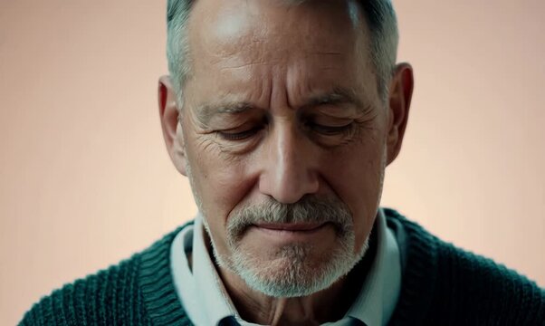 Medium shot portrait video of a man in his 60s with a hint of fatigue due to chronic kidney disease wearing a chic cardigan against a pastel or soft colors background 