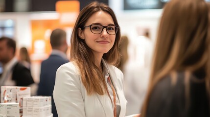 Professional Woman Demonstrating Pharmaceuticals to Engaged Trade Show Visitors