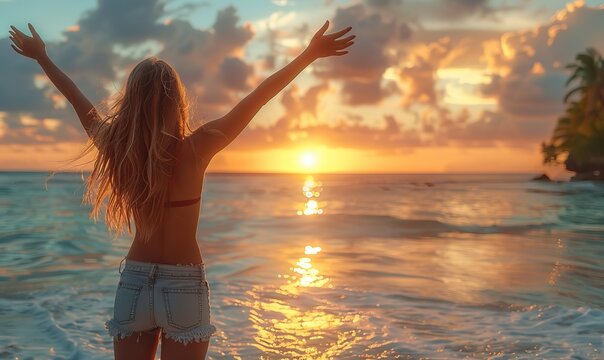 A happy woman with her arms raised at the beach during sunset is experiencing a sense of freedom.